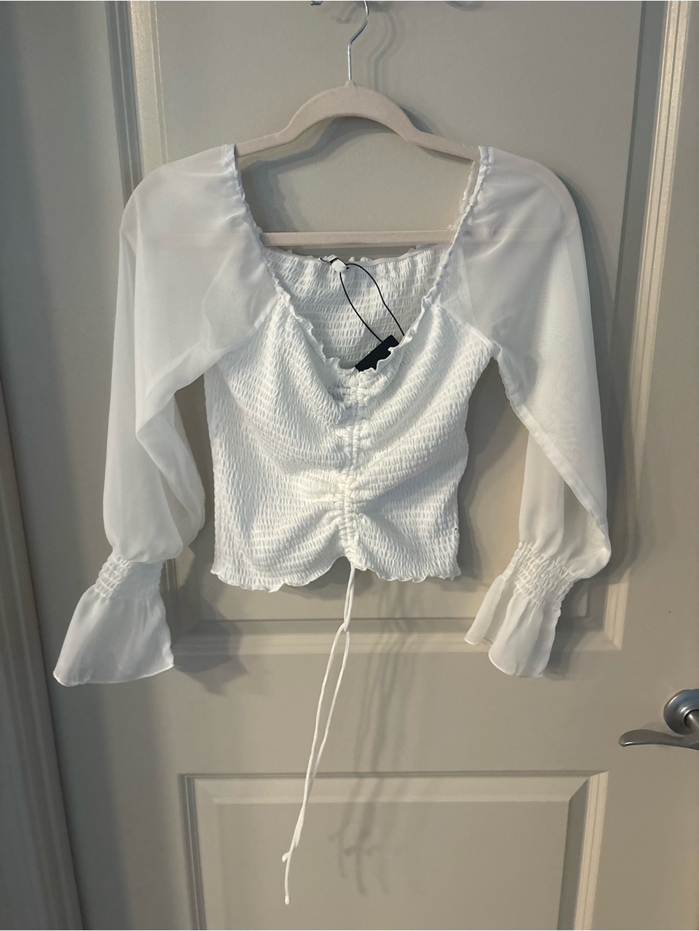 Fashion Nova White Smocked Blouse with Sheer Bishop Sleeves